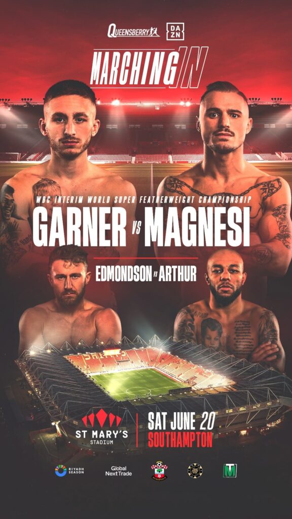 Promotional poster for a boxing event at St Mary’s Stadium, Southampton on Saturday, 20 June. Features images of four male boxers: Garner, Magnesi, Edmondson, and Arthur, with a lit-up stadium in the background.