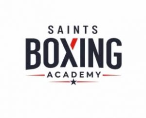 Logo for Saints Boxing Academy featuring bold black text with a red accent in the letter I of BOXING. Red lines and a small black star appear below the text on a white background.